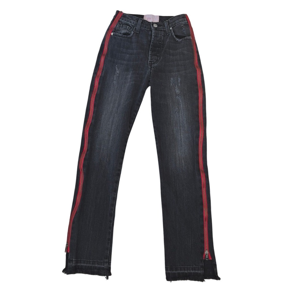 REVICE Jeans High Waist Black‎ Distressed Red Stripe Zipper Straight Leg Size 24